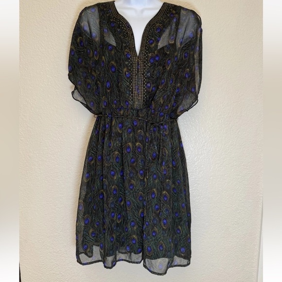 As U Wish Peacock Feather Print Mini Dress Size M Beaded Neckline Belted Boho - Picture 1 of 3